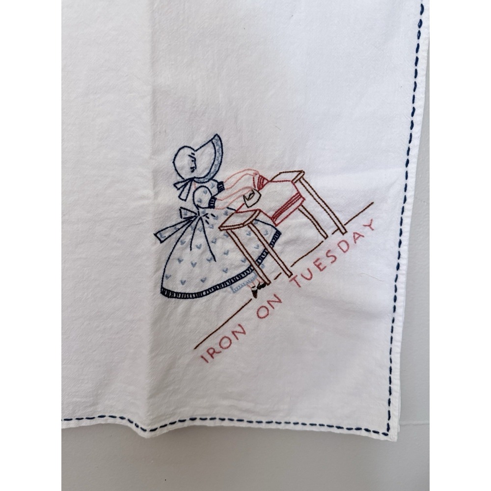 Cottagecore VTG Embroidered Days Of The Week Dish Towel Chores Iron On Tuesday